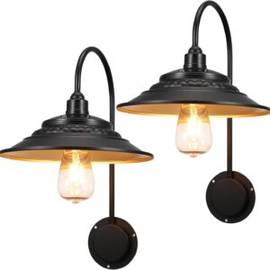 Solar Barn Lights Rustic Vintage Gooseneck Wall Light Fixture Black Solar Wall Mount Lights, 2PCS, Waterproof, Outdoor, Metal, Gold Interior, Upgrade, Garage, Porch, Shed