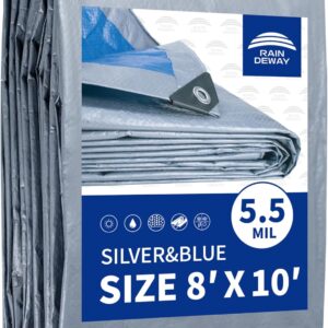 RAINDEWAY Tarps 8x10 Feet, 5.5 Mil - Multipurpose Waterproof Poly Tarp Cover with Metal Grommets and Reinforced Edges, Silver/Blue Tarp
