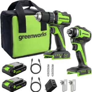 Greenworks 24V Compact Brushless Cordless Drill & Impact Driver Combo Kit - (2) 2.0Ah USB-C Batteries & 3-Port Fast Charger