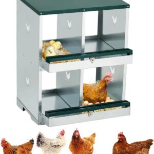 GarveeLife Chicken Nesting Box, 4 Compartments Nesting Box for Chickens, Two-Tier Galvanized Steel Chicken Egg Laying Box with Large Vented Holes Wall Mounting for Easy Egg Collection