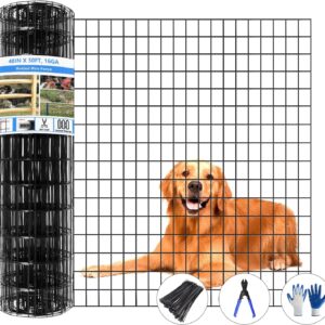 Welded Wire Fence, 50ft(L) x 48inch(H) Garden Fence for Dog, 2 Inch x 3 Inch 16GA Fencing for Chicken, PVC Coated Anti-Rust Roll Metal Wire Mesh Fence for Yard Vegetable, Black