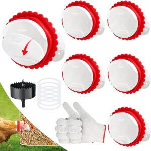 Chicken Feeder No Waste, DIY Automatic Poultry Feeder 6 Ports with Hole Saw & Gloves, Durable Rain Proof Poultry Feeder Port for Buckets, Barrels, Bins and Troughs