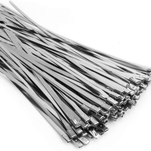 Metal Zip Ties (100PCS 11.8 Inch), 304 Stainless Steel, Heavy Duty Self-locking Cable Ties, for Exhaust Wrap, Chain Link Fence Parts, Heat Resistant Fencing Tie. for Pipe, Auto repair.