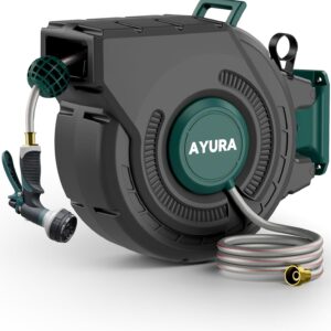 AYURA Retractable Garden Hose Reel 100 ft x 1/2 inch with Pro Metal Shaft, Heavy Duty Automatic Garden Hose Reels with Kink-Free Rewind and Lock at Any Length, Wall Mount Water Hose Reel for Outside