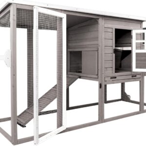 Chicken Coop Solid Wood with Large Run Cage 2 Stories - Asphalt Roof, Nest Box, Pu Wheels, Pole Chicken Perch