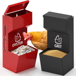 2 Pack Chicken Oyster Shell Feeder and Grit Feeder, Large Hanging Metal Chicken Feeder with Lid, Automatic Gravity Poultry Chicken Feeder No Waste, Chicken Coop Accessories