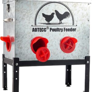 Metal Chicken Feeder, 40lb Automatic Chicken Feeder - 6 Feeding Ports, No Waste Poultry Feeder with Locking Lid & Legs for Outdoor Inside Chicken Coops Geese Ducks, Weatherproof, Rodent Proof