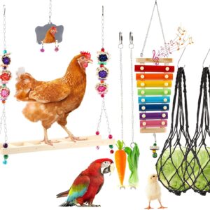 8PCS Chicken Toys for Coop Accessories, Chicken Swing, Xylophone, Mirror, Vegetable Hanging Feeder, Fruit Rack for Poultry Rooster Large Bird Parrot Lovers’ Entertainment Gift
