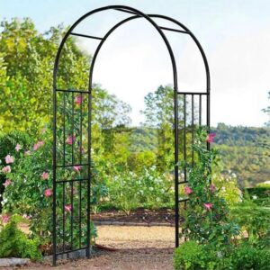 LDAILY Moccha Garden Arch Arbor Trellis, 7.2Ft Outdoor Steel Arbor with Stakes, Metal Archway for Climbing Plants, Wide Sturdy Garden Arch for Lawn, Party, Ceremony Wedding Decoration, Black