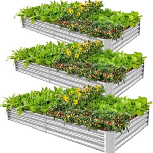 Land Guard 3 Pack 6×3×1ft Galvanized Metal Raised Garden Bed, Metal Planter Kit Box Outdoor for Deep-Rooted Vegetables, Flowers, Green and Herbs, Silver