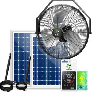 Solar Fan Wall Mount Waterproof, Metal Solar Powered Fan with Battery & Adjustable Thermostat, 18" Heavy Duty Outdoor Fans for Patios 3 Speeds, 180° Tilt